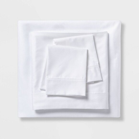 Queen 500 Thread Count Solid White Sheet Set Tri-Ease Cotton Blend Threshold - Picture 1 of 6
